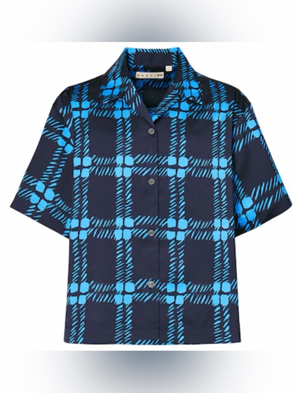 Marni Uniqlo Plaid Check Oversized Short Sleeve Button Up satin cobalt navy blue